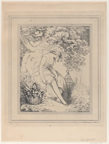 Girl with a Basket and Birdcage Adjusting Her Garter by Thomas Rowlandson, print, 1785-1795