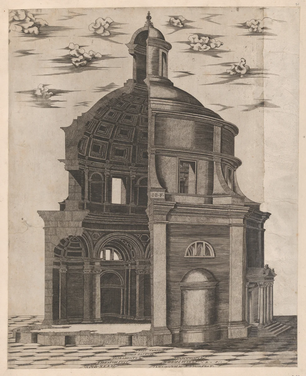 Sepulchre of Augustus, from "Speculum Romanae Magnificentiae" by Etienne DuPérac, print, 1575