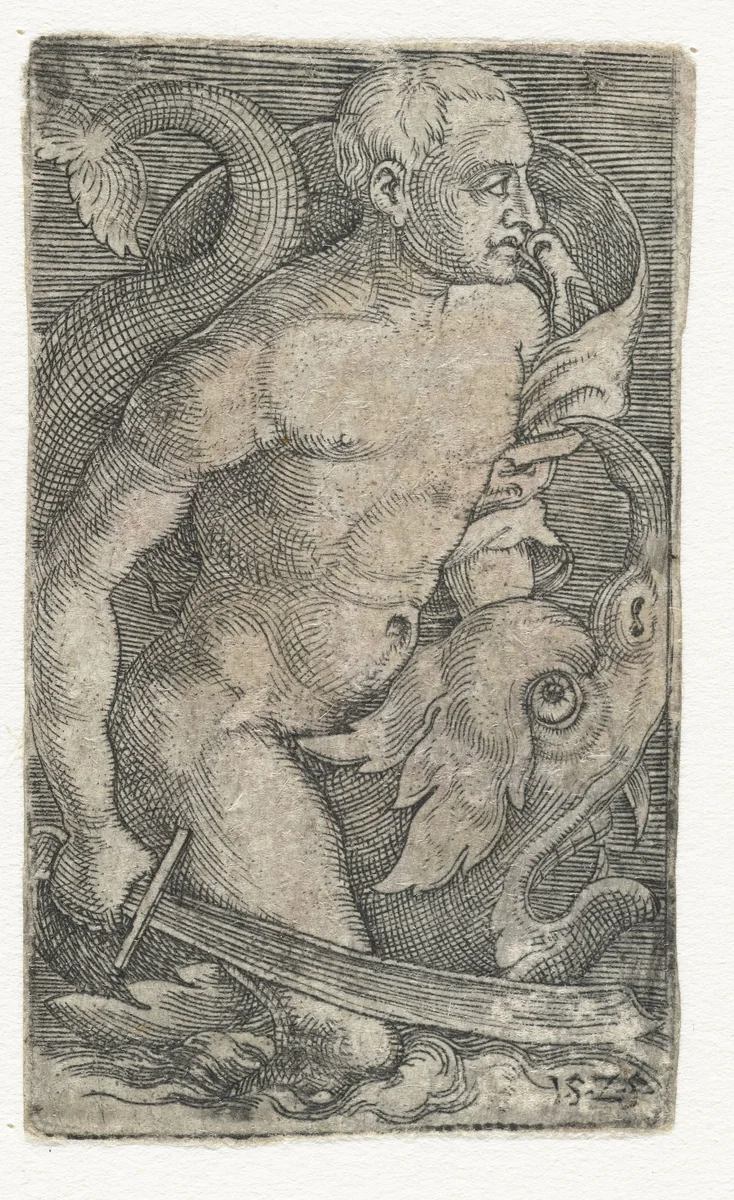 Zeegod op dolfijn by Barthel Beham, print, 1525