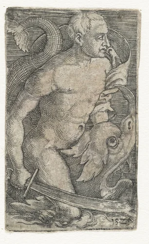 Zeegod op dolfijn by Barthel Beham, print, 1525