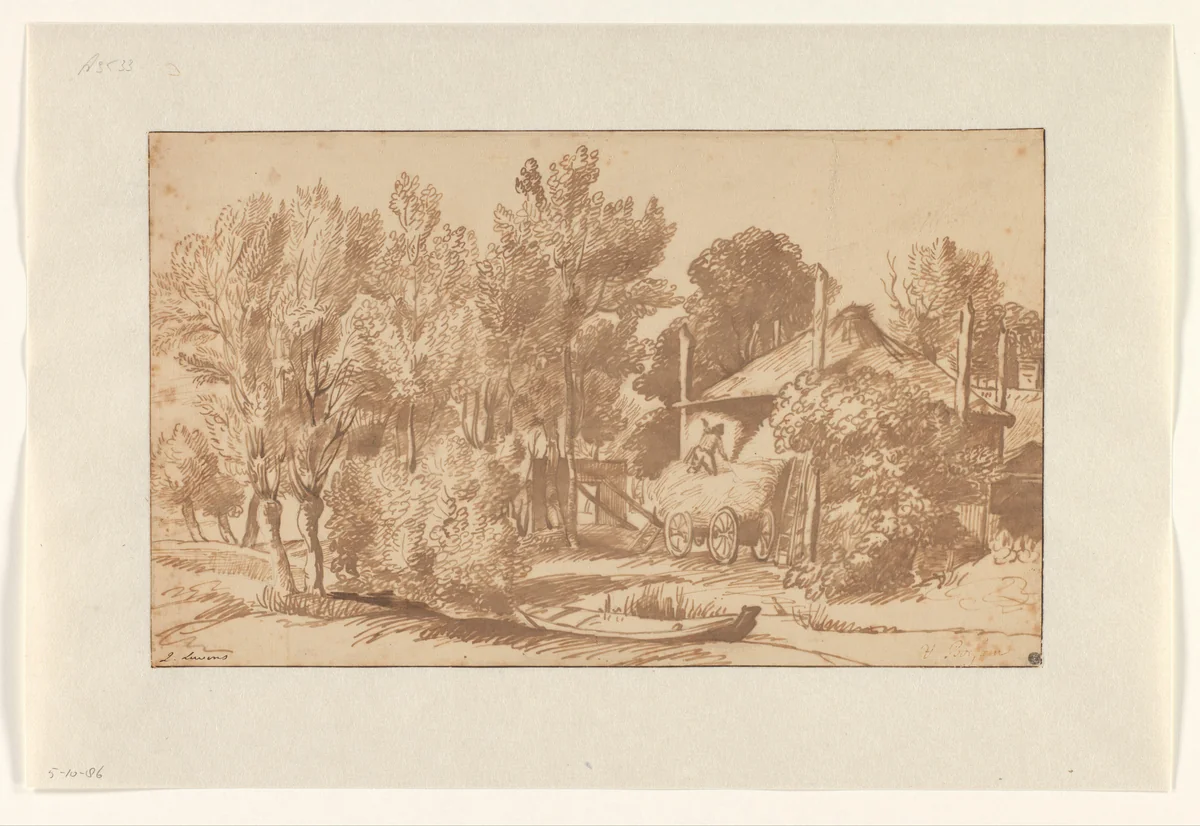 Boerderij met een hooiberg by anonymous, drawing, 1650-1700
