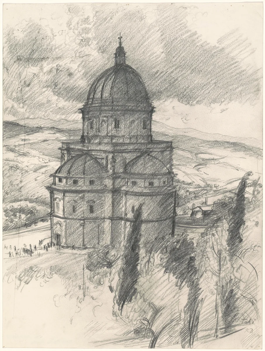 Church of Santa Maria della Consolazione, Todi, Italy by Rackstraw Downes, drawing, 1974