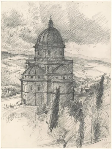 Church of Santa Maria della Consolazione, Todi, Italy by Rackstraw Downes, drawing, 1974