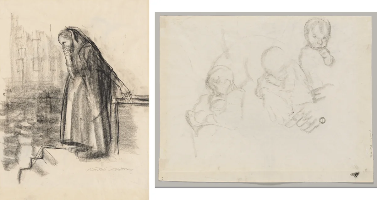 Pregnant Woman Contemplating Suicide (recto) Three Studies of a Child (verso) by Käthe Kollwitz, drawing, 1921-1931
