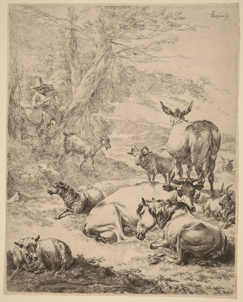 Resting Herd by Nicolaes Pietersz Berchem, print, 1620-1683