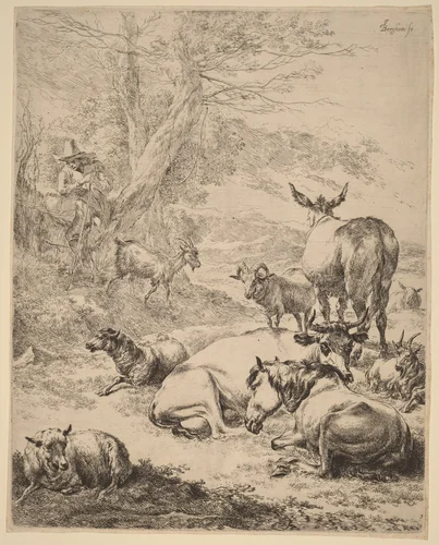 Resting Herd by Nicolaes Pietersz Berchem, print, 1620-1683