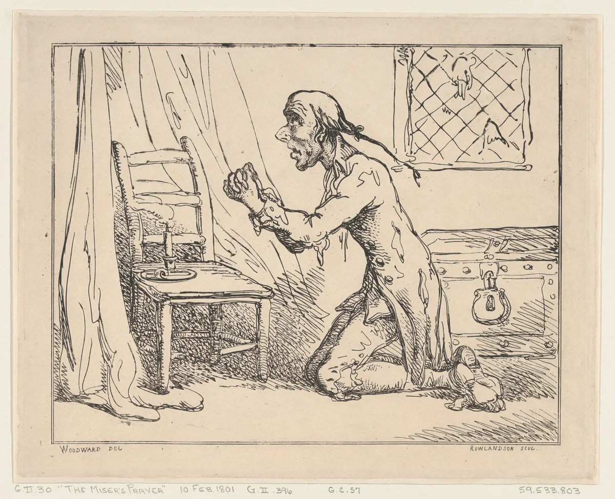 The Miser's Prayer by Thomas Rowlandson, print, 1801