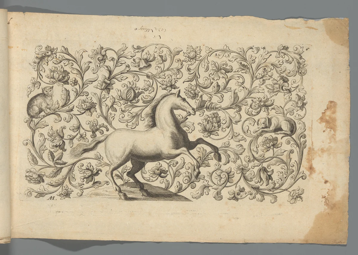 Ornament met paard, hond en kat by Abraham Helmhack, print, 1664-1724