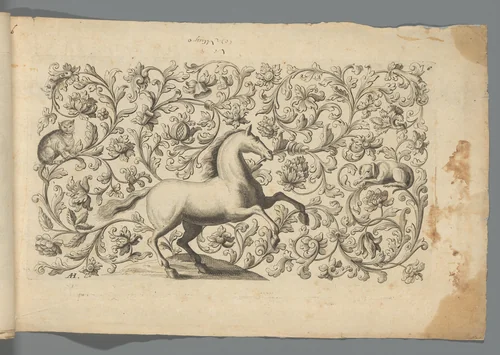 Ornament met paard, hond en kat by Abraham Helmhack, print, 1664-1724