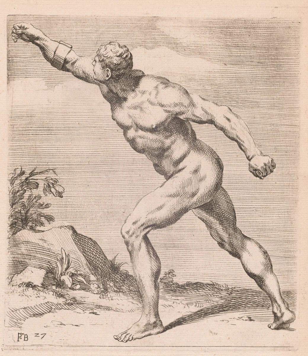 A Nude Fighting Man, side view, turned to left [plate 27] by François Perrier, print, 1638