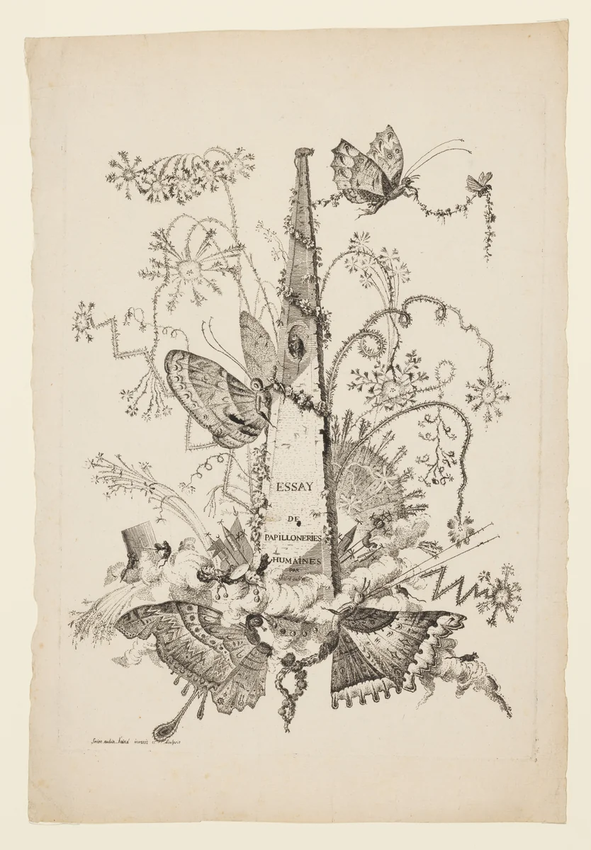 Title page from Essay on Butterflies Masquerading as Humans (Essai de Papilloneries Humaines) by Charles Germain de Saint-Aubin, print, 1751-1765