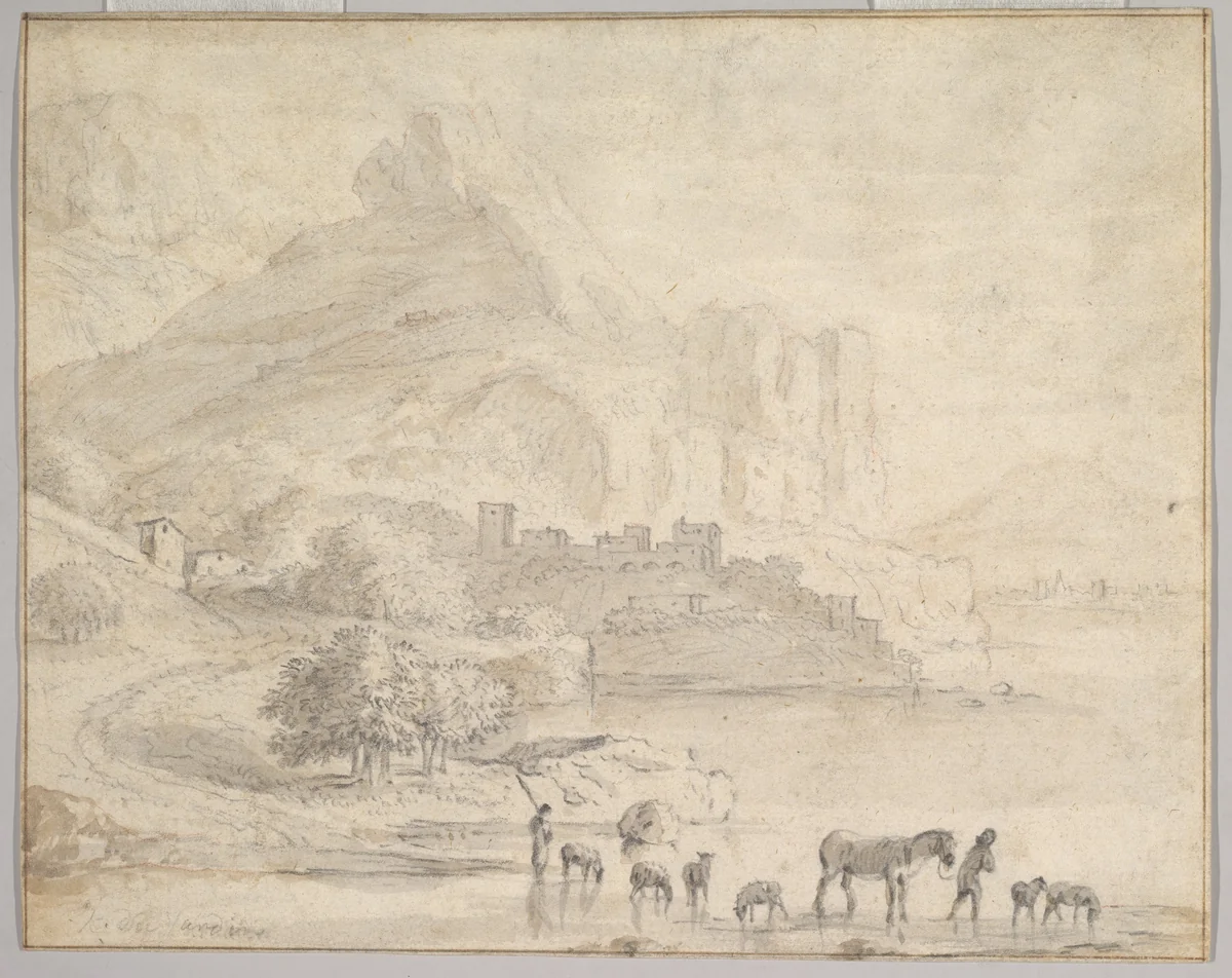 Cattle and Shepherds in a Southern Mountainous Landscape by Karel Dujardin, drawing, 1642-1678