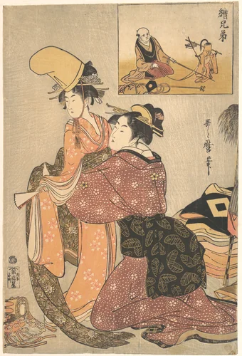 A Woman Dressing a Girl for a the Kabuki Dance “Musume Dojōji,” with “Brother Picture” (E-kyōdai) of a Monkey Trainer by Kitagawa Utamaro (喜多川歌麿), print, 1795-1796