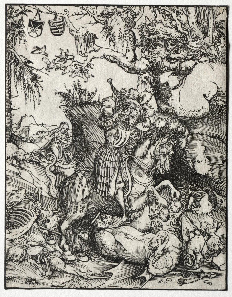 St. George Slaying the Dragon by Lucas Cranach, print, 1500-1600