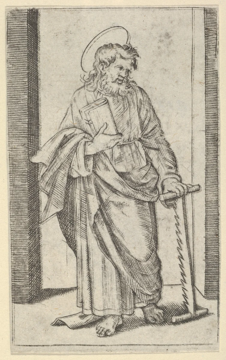 Saint Simon, a saw in his lowered left hand, from "Piccoli Santi" (Small Saints) by Marcantonio Raimondi, print, 1495-1532
