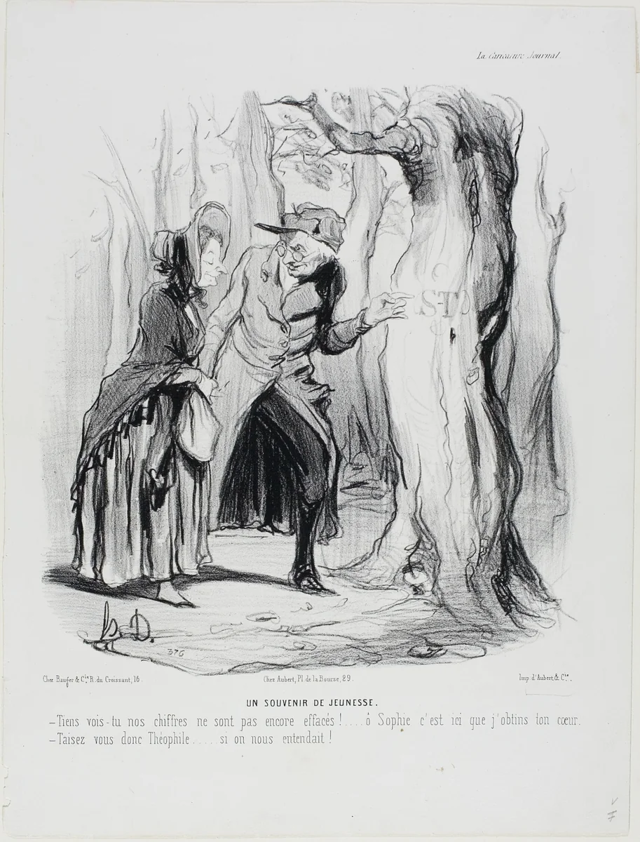 Youthful Memories. “- You see our letters have not yet been erased... oh Sophie, it was here that I gained your heart. - Hold your tongue now, Théophile.... if someone should hear us!,” plate 49 from Married Life by Honoré-Victorin Daumier, print, 1842