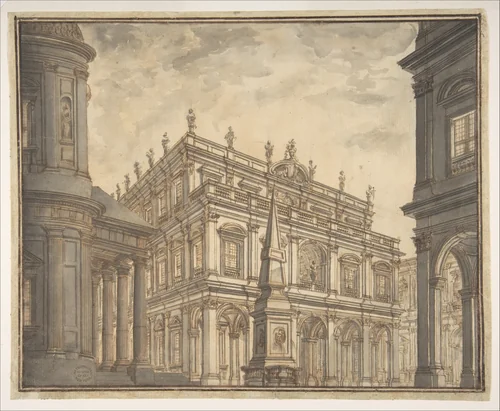Design for a Stage Set: A Town Square with a Fountain by Ferdinando Galli Bibiena, drawing, 1657-1743