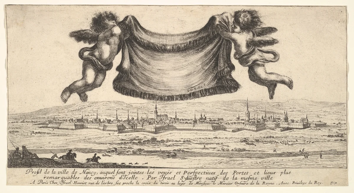The villa at Nancy in the background, two putti holding a drapery at top center, from "Various views of remarkable palaces in Italy and France" (Diverses vues d'endroits remarquables d'Italie et de France) by Stefano della Bella, print, 1649-1651