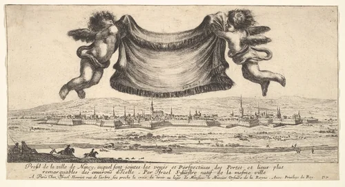 The villa at Nancy in the background, two putti holding a drapery at top center, from "Various views of remarkable palaces in Italy and France" (Diverses vues d'endroits remarquables d'Italie et de France) by Stefano della Bella, print, 1649-1651