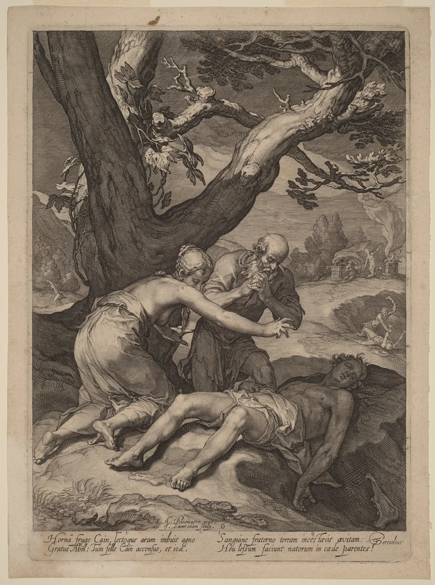Adam and Eve Lamenting over the Corpse of Abel by Jan Pietersz Saenredam; Abraham Bloemaert, print, 1604