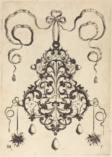 Large Pendant, Lower Left and Right Two Bunches of Grass and Fruit by Daniel Mignot, print, 1596