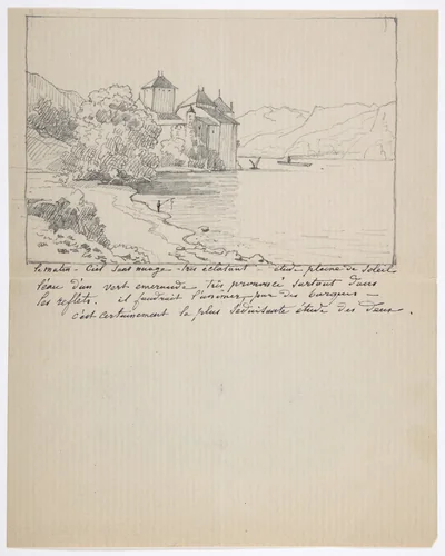 View of the Château de Chillon on Lake Geneva by anonymous, drawing, 1800-1899