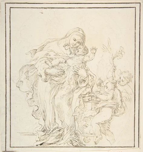 St. Catherine of Siena with The Infant Jesus (recto); Warrior with Dead Lion? (verso) by anonymous, drawing, 1600-1700