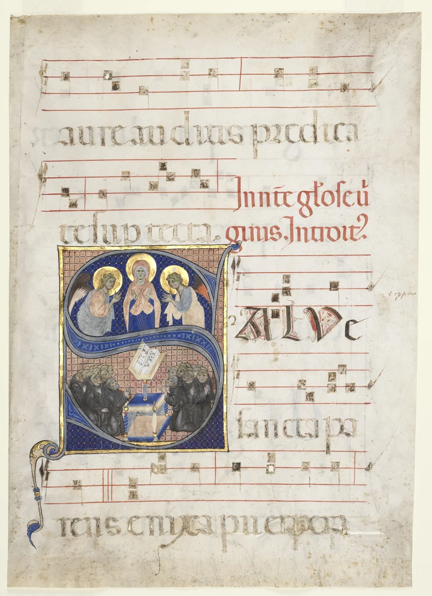 Initial S[alve sancta parens] with the Virgin Adored by Angels, and Singing Benedictine Monks: Single Leaf from a Gradual by Unknown, manuscript, 1265-1275