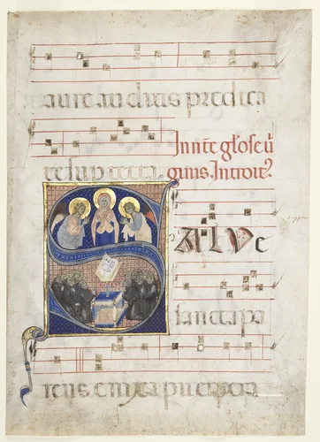Initial S[alve sancta parens] with the Virgin Adored by Angels, and Singing Benedictine Monks: Single Leaf from a Gradual by Unknown, manuscript, 1265-1275