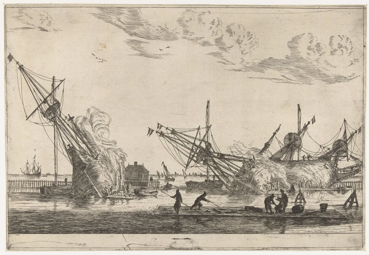Waterdichtmaken van de rompen van drie fluitschepen by Reinier Nooms, print, 1650-1664