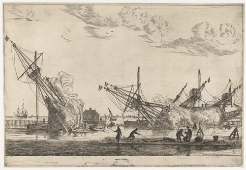 Waterdichtmaken van de rompen van drie fluitschepen by Reinier Nooms, print, 1650-1664