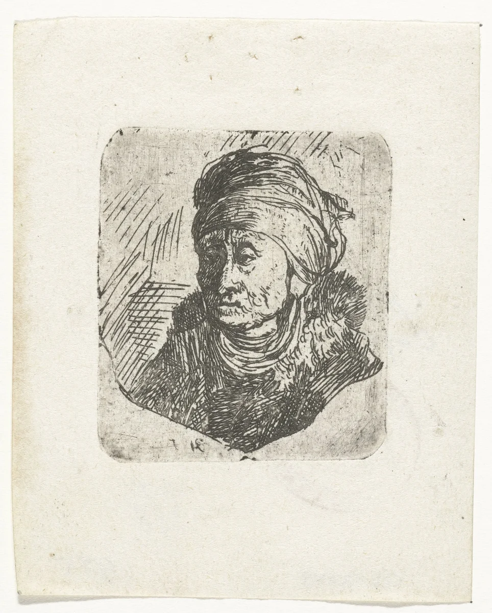 Woman with a high headdress wrapped around the chin: bust by anonymous, print, 1626-1661