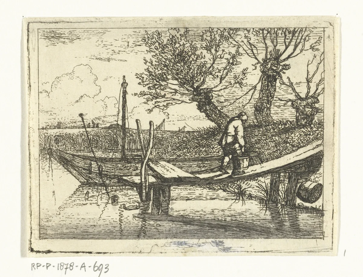 Landschap met kleine aanlegsteiger waarop lopende man met emmer by Albertus Brondgeest, print, 1796-1849