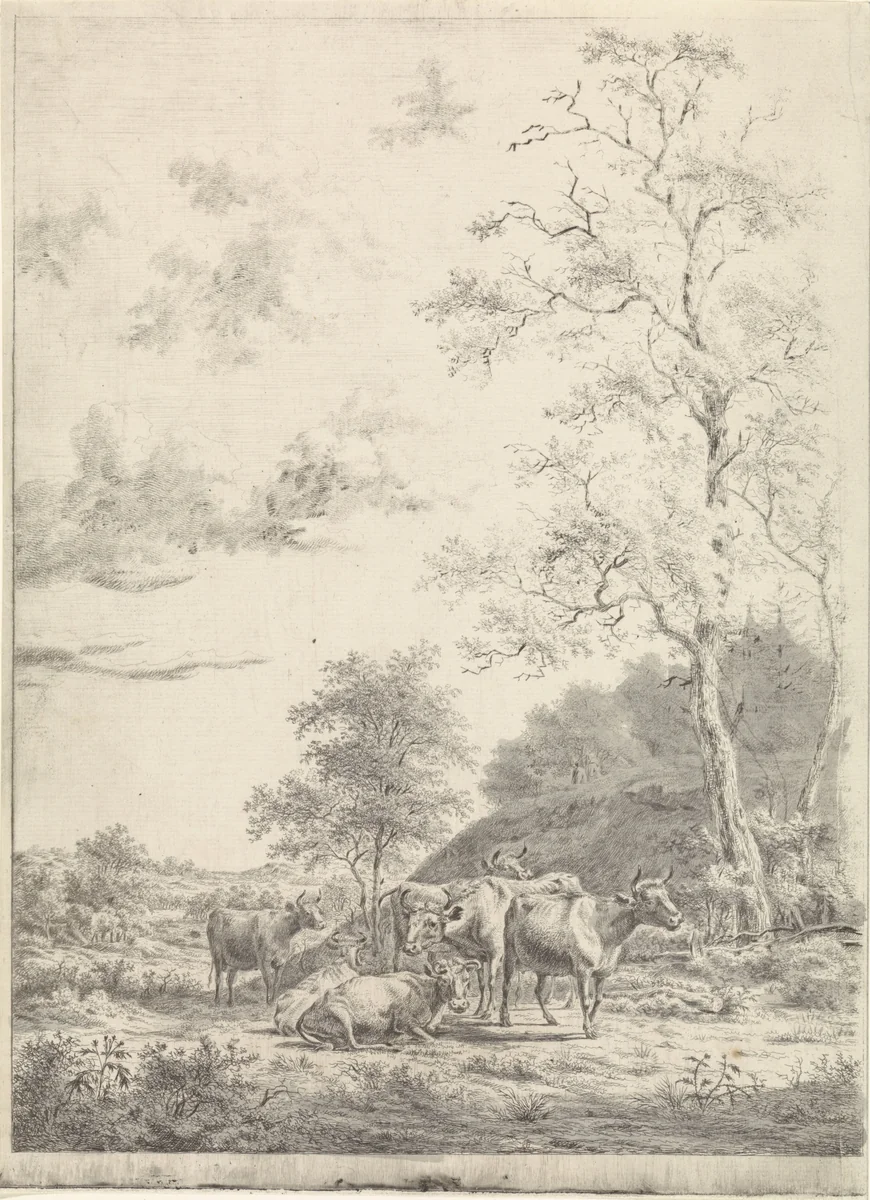Boslandschap met zes koeien by Pieter Janson, print, 1780-1851