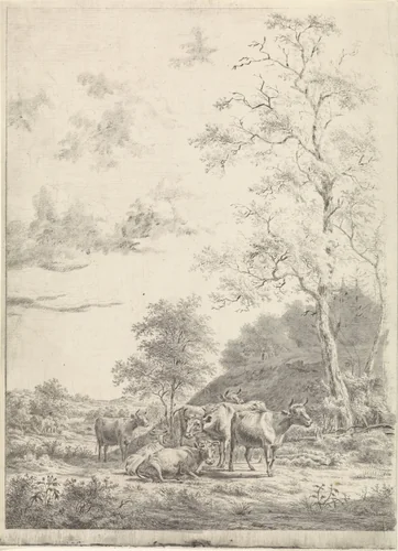 Boslandschap met zes koeien by Pieter Janson, print, 1780-1851