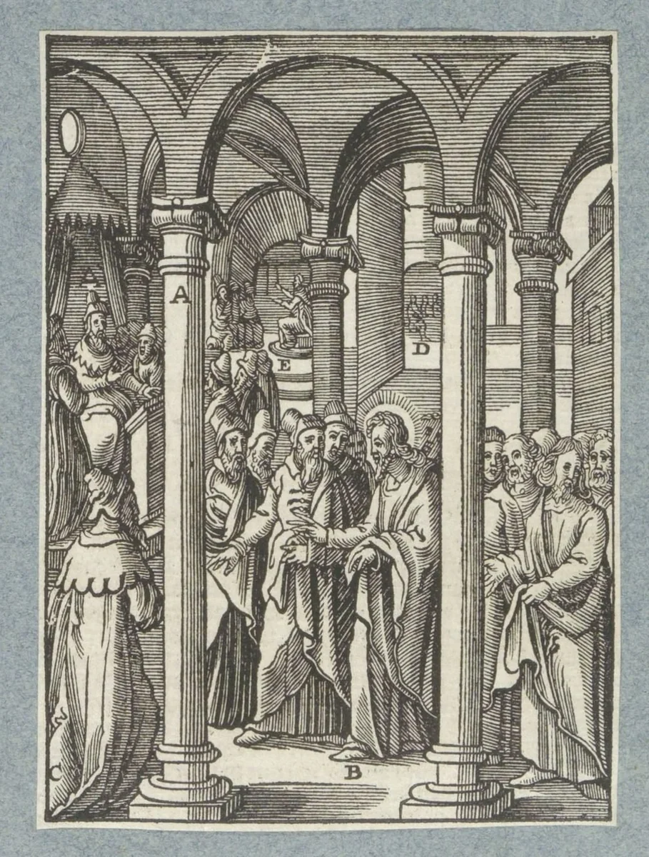 Christus predikt tegenover de schriftgeleerden en de farizeeën by Christoffel van Sichem, print, 1629