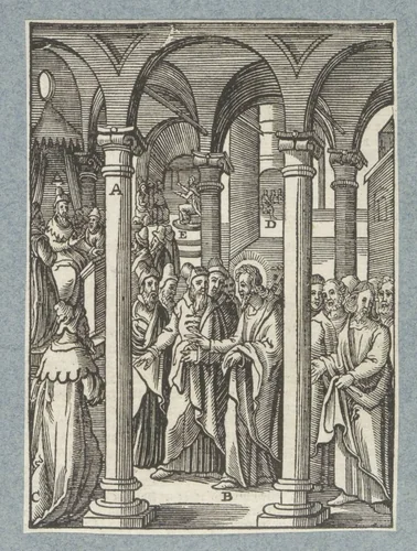 Christus predikt tegenover de schriftgeleerden en de farizeeën by Christoffel van Sichem, print, 1629