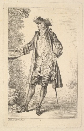 Standing man with his right hand resting on a basin, shown in three-quarters view with his head turned toward the left, from "Figures of Fashion" (Figures de Modes) by Antoine Watteau, print, 1710