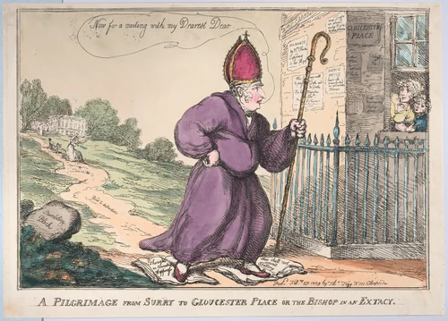 A Pilgrimage from Surry to Gloucester Place or the Bishop is an Extacty by Thomas Rowlandson, print, 1809