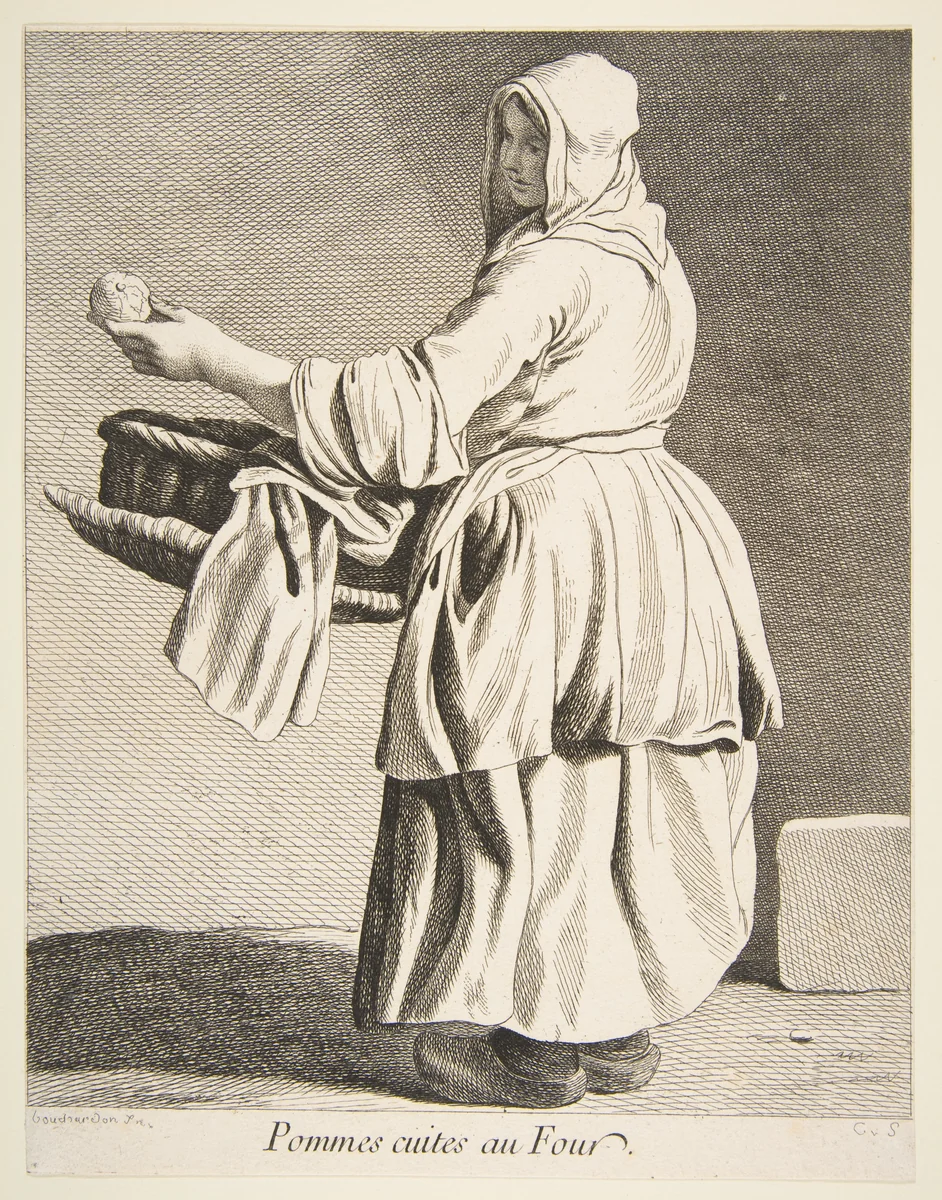 Cooked Apple Seller by Anne Claude Philippe de Tubières, print, 1738