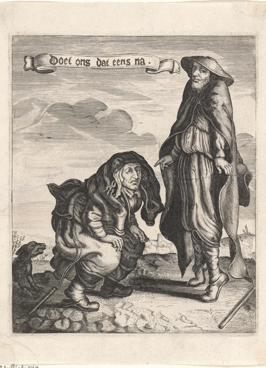 Bedelaarspaar met gehurkte vrouw en man op zijn tenen by anonymous, print, 1618-1668