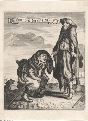 Bedelaarspaar met gehurkte vrouw en man op zijn tenen by anonymous, print, 1618-1668