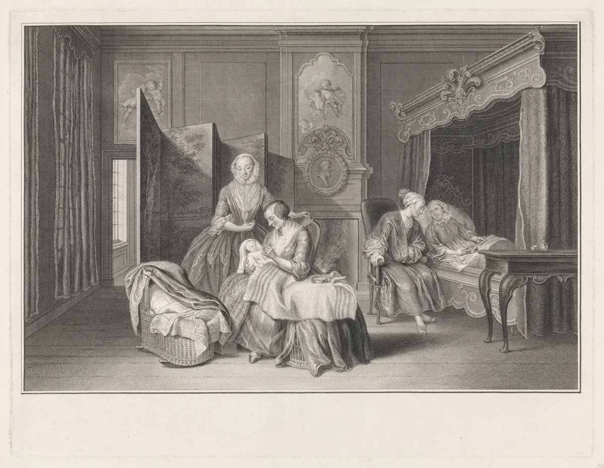 Hollandse kraamkamer by Pieter Tanjé, print, 1757