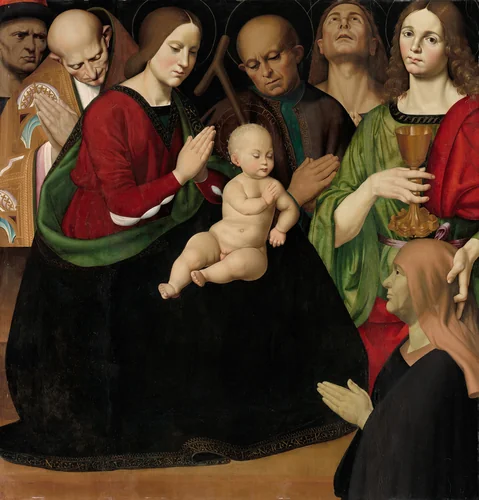 The Holy Family with Four Saints and a Female Donor by Antonio Rimpatta, painting, 1505-1515