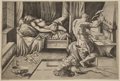 Venus Reclining with Vulcan at His Forge by Enea Vico, print, 1543