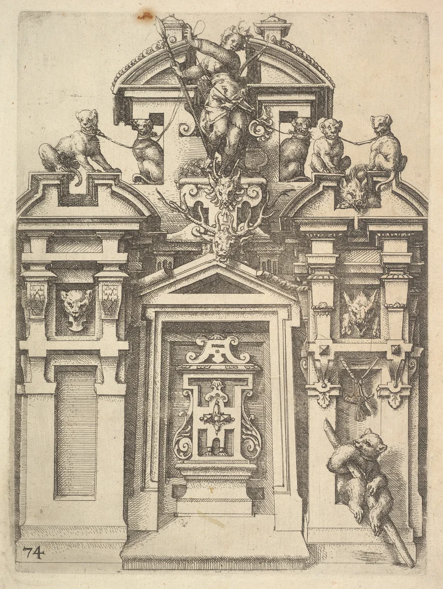 Design for an Architectural Structure with a Hunting Theme, plate 74 from "Architettura" by Wendel Dietterlin, print, 1598