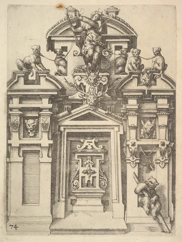 Design for an Architectural Structure with a Hunting Theme, plate 74 from "Architettura" by Wendel Dietterlin, print, 1598