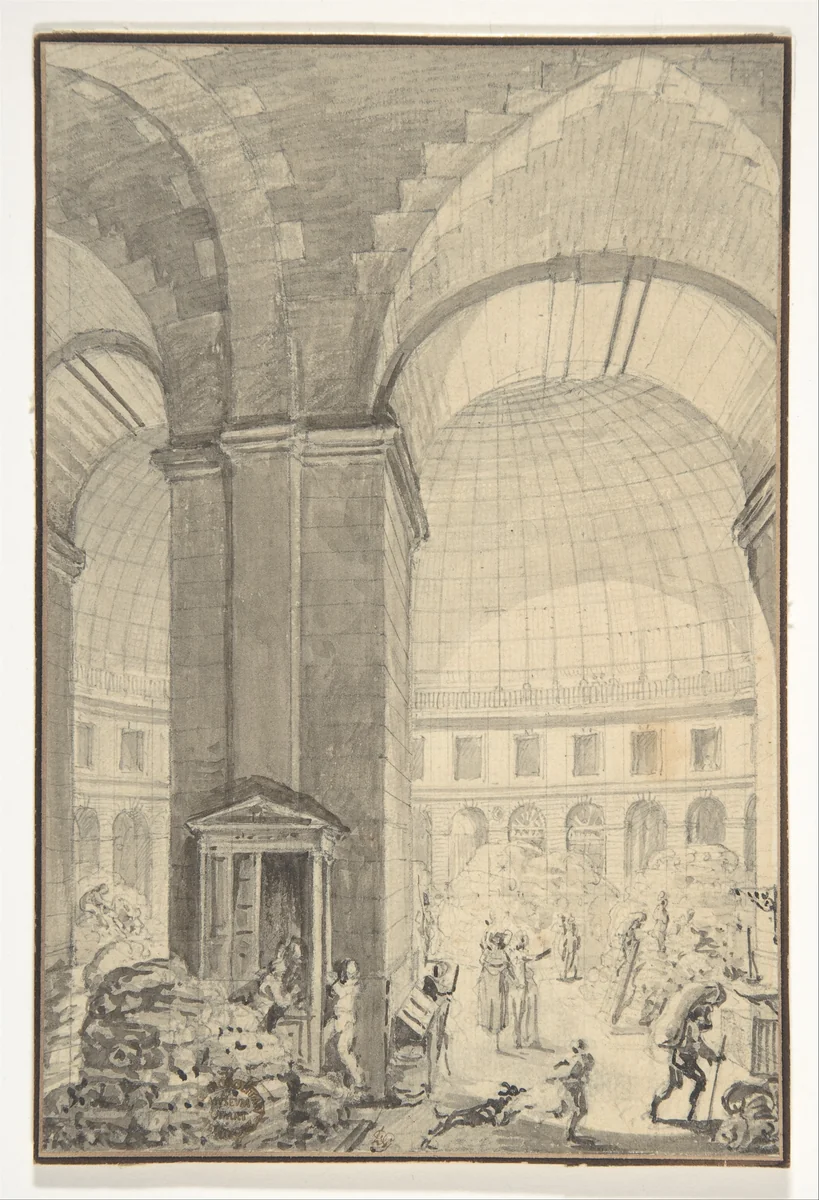 Interior of Halle aux Blés, Paris [The Corn Exchange] by Jean Démosthène Dugourc, drawing, 1765-1825