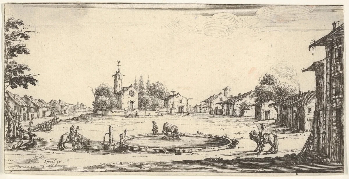 Plate 6: view of a village with a horse trough in center, horses and houses to either side, a church in center background by François Collignon, print, 1636-1661