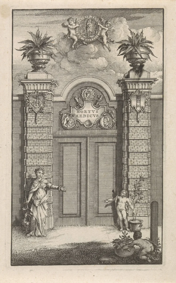 Poort van de Hortus Medicus (Hortus Botanicus) te Amsterdam by Jan Goeree, print, 1680-1731